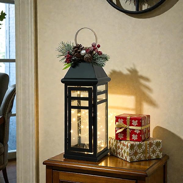 TRIROCKS DECORATIVE VINTAGE CANDLE LANTERNS 15.5″ H FARMHOUSE OUTDOOR HANGING LANTERNS WITH TEMPERED GLASS FOR PORCH, BALCONY, PATIO, HOME, CENTERPIECES, INDOOR, OUTDOOR(BLACK WITH GOLD TOP)