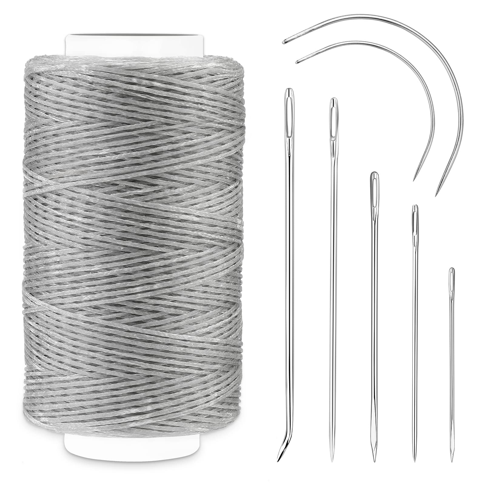 250m Leather Waxed Thread, 150D Sewing Waxed Thread Cord with Needles, Upholstery Repair Sewing Thread Kit for Bookbinding, Shoe Repairing, Leather Projects, Light Grey