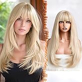 BARSDAR Long Blonde Wig With Bangs - Long Straight Blonde Wig with Bangs for Women - 24 Inch Natural Looking Thick Soft Synthetic Hair Replacement Wigs Daily Cosplay Party Halloween