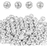 100 Pcs 8 mm Round Spacers Beads, Silver Round Metal Beads Silver Plated Spacer Loose Bead Filigree Hollow Ball Bead for Jewelry Making DIY Crafts Bracelets Necklaces Earrings