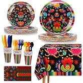 170 Pcs Fiesta Tableware Set Party Supplies with Floral and Serape Stripe | Disposable Plates Cups,Napkins,Forks,Spoons,Knives,Decorations for Dia De Los Muertos,Día de la Independencia