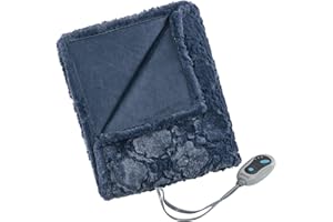 Beautyrest Brushed Long Fur Electric Throw Blanket Ogee Pattern Warm and Soft Heated Wrap with Auto Shutoff, 50 in x 60 in, Sapphire Blue