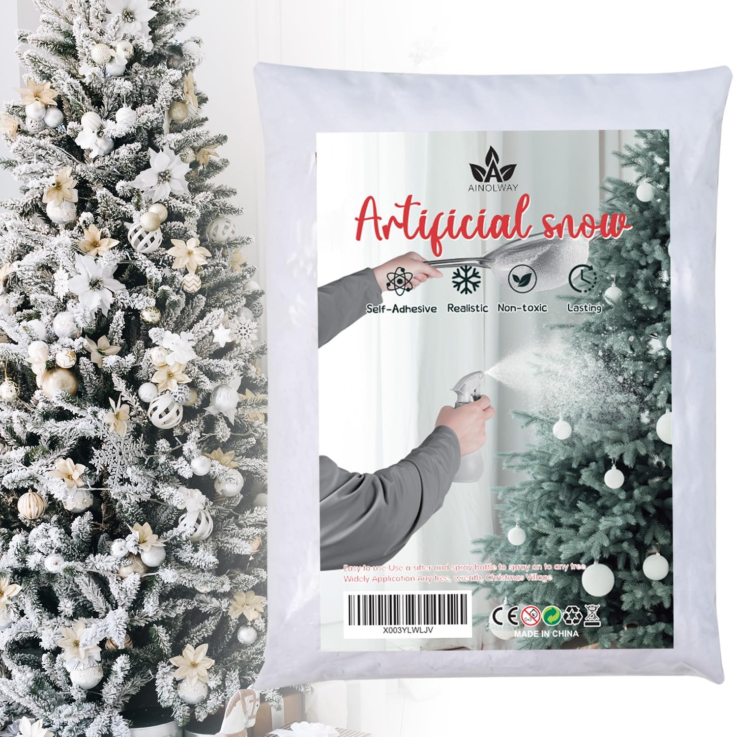 Artificial Snow - A AINOLWAY Self-Adhesive Snow Flocking Powder - 1.5 Pounds Fake Christmas Snow Artificial Snow Flock for Chrismas Tree, Wreaths, Garland, Village Display, Winter Xmas Decorations