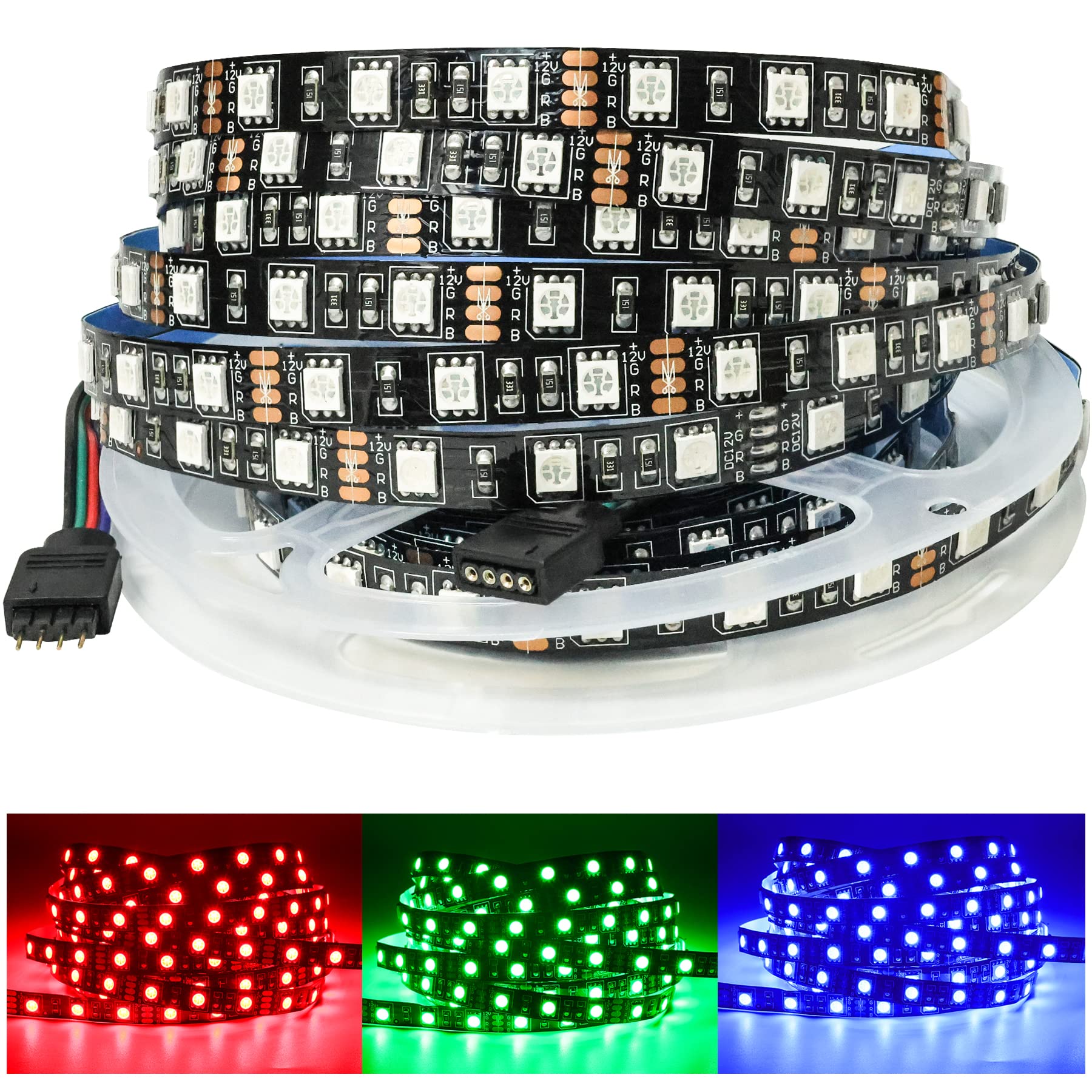Tesfish 5M RGB LED Strip Light 12V Black PCB Board 5050 IP20 300 LEDs for Bedroom, Kitchen Decoration