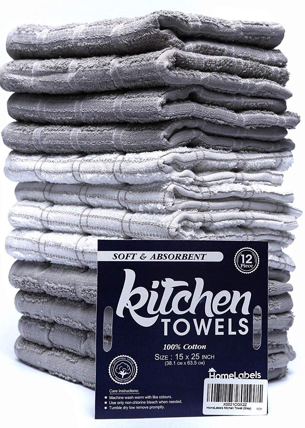 HomeLabels Kitchen Towel Grey 12 Pack (15'' x 25'') 100% Premium Cotton, Machine Wash Extra soft set of 12, Tea Towels, Bar Towels, Grey