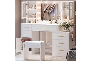 UGTOO Makeup Vanity Desk with Mirror and Lights, 51" Makeup Vanity with Lights & Charging Station, Dressing Table Vanity Set for Bedroom, White Vanity Table with Cushioned Stool, 6 Drawers and 3 Cabinet