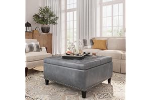 FiveWillowise Square Leather Ottoman with Storage, Faux Leather Coffee Table with Lift Top,Upholstered Footrest Stool Toy Box Storage for Bedroom Living Room, Grey