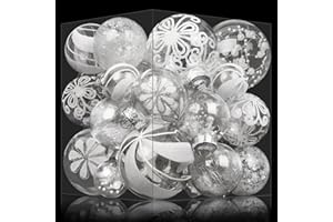 OUDDY PARTY 36PCS White Christmas Ball Ornaments Clear Large Shatterproof Plastic Christmas Ornaments Hanging Christmas Tree Decorations Glitter Set for Xmas Party Home Holiday Decor in 6 Styles