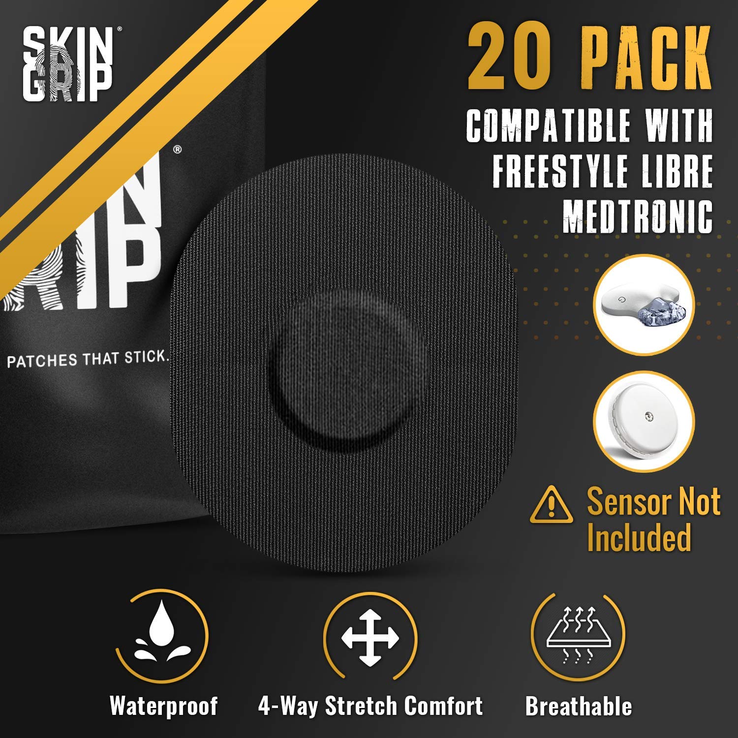 Skin Grip CGM Sensor Patches Compatible with Medtronic Guardian (20-Pack), Waterproof & Sweatproof for 10-14 Days, Pre-Cut Adhesive Tape, Continuous Glucose Monitor Patch, Black