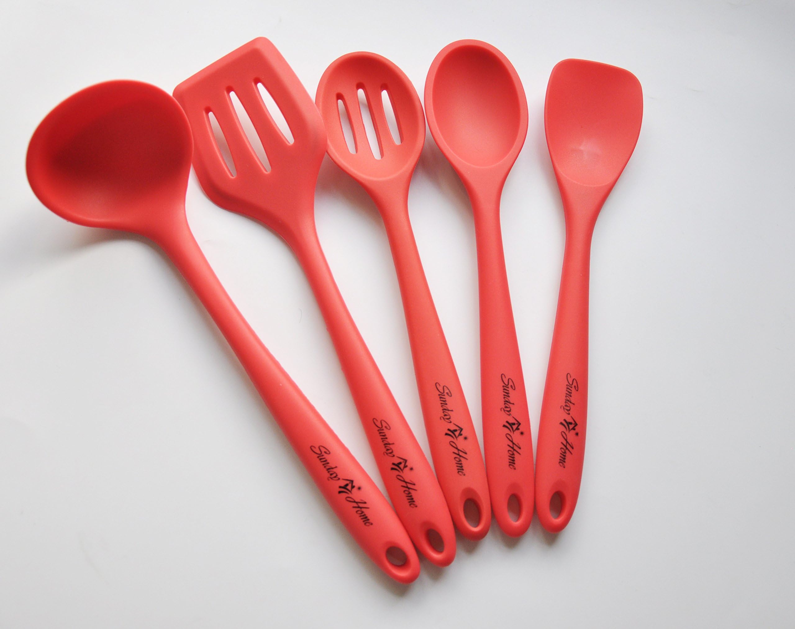 Sunday Home Premium Silicone Kitchen Utensil Set (5 Piece) in Hygienic Solid Coating – BPA Free Non Slip Ladle, Slotted Spoon, Spatula Turner, Solid Spoon, Spoonula Perfect Gift (Red)