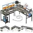 Unikito Reversible L Shaped Desk with Magic Power Outlets and USB Charging Ports, Sturdy Corner Computer Desk with Storage Shelves, Gaming Desk for Home Office, Easy to Assemble, Black Oak