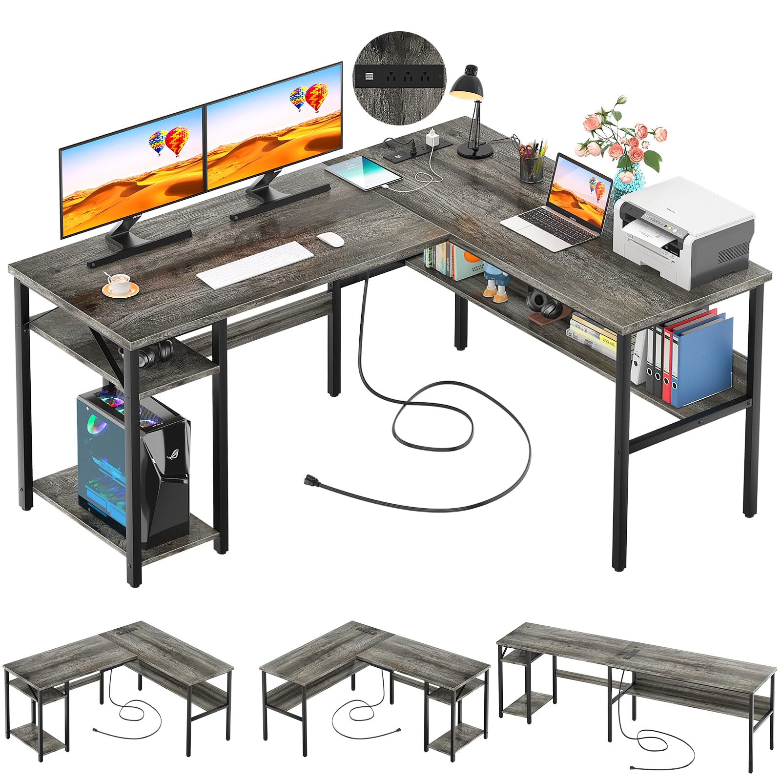 Photo 1 of Unikito Reversible L Shaped Desk with Magic Power Outlets and USB Charging Ports, Sturdy Corner Computer Desk with Storage Shelves, Gaming Desk for Home Office, Easy to Assemble, Black Oak