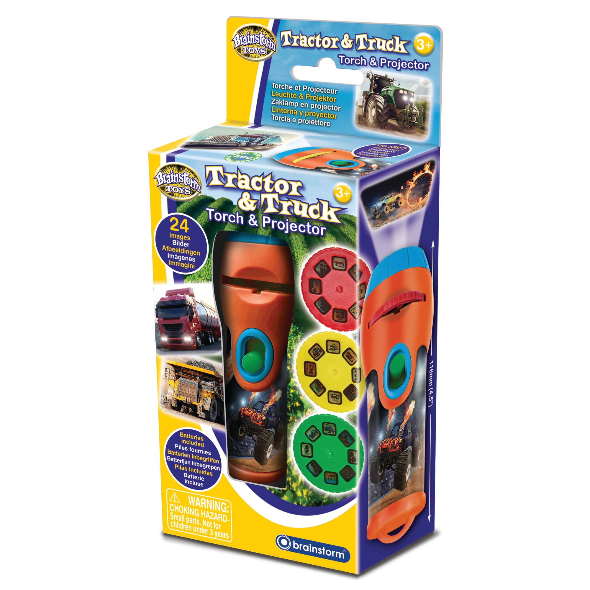 Brainstorm Toys Tractor & Truck Torch and Projector – 24 Vehicle Images, Projects Clear Pictures up to 1 Metre Wide, Interactive Educational Kids Flashlight Toy