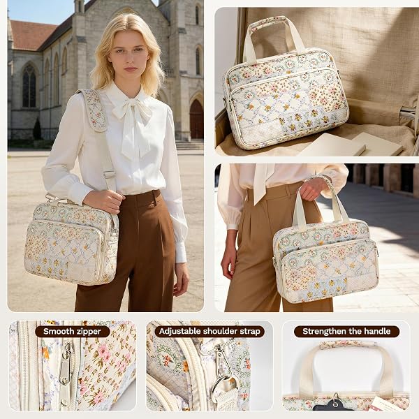 LARGE BIBLE BAG WITH BUILT-IN BIBLE COVER CASE FOR WOMEN, QUILTED CHURCH BAG FOR BIBLE STUDY SUPPLIES, ALL-IN-ONE BIBLE CARRYING CASE ORGANIZER FITS 11″ TABLET, GIFTS FOR CHRISTIAN WOMEN