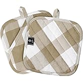 Cotton Pot Holders for Kitchen Heat Resistant Potholder, Hot Pads, Trivet Coaster Non-Slip Potholders Set for Cooking and Baking (2, Light Brown Plaid, Square，8.27 in²)