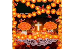 Korlon Tec 43 Pcs Day of The Dead Decorations, 10 Ft 20 LED Marigold Garland, 30 Artificial Marigold Flowers, 12 Butterfly for Dia De Los Muertos Decorations Diwali Indian Altar Halloween Party