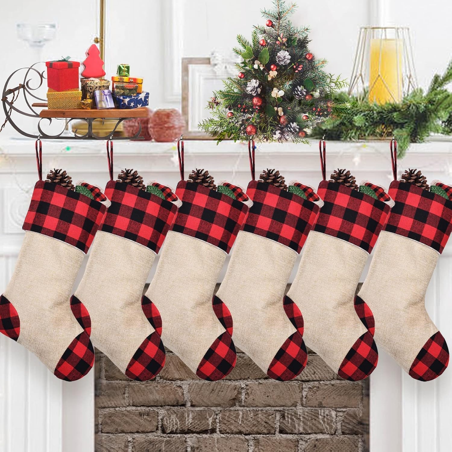 Stockings & Holders - CARAKNOTS Christmas Stockings 6 Pack Red and Black Plaid Christmas Stockings for Family Kids Large Burlap Check Christmas Stockings for Xmas Farmhouse Fireplace Holiday Party Decorations