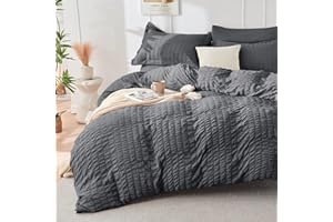HYMOKEGE Dark Grey Duvet Cover Queen Size, Ultra Soft 3-Piece Seersucker Duvet Cover Set with Zipper Closure, Soft Brushed Mi