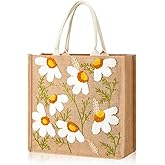Sunnymove Daisy Burlap Tote Bag Floral Embroidery Jute Tote Bag with Handle 14 x 13 x 5 Inch Reusable Aesthetic Beach Gift Bags for Women Shopping Grocery Work Casual Vacation Bridesmaid Gift