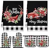 Bencailor 6 Pcs Cardinal Kitchen Towel Oven Mitts and Pot Holders Set Christmas Truck Dish Towels Heat Resistant Oven Gloves for Xmas Kitchen Cooking Baking Grilling
