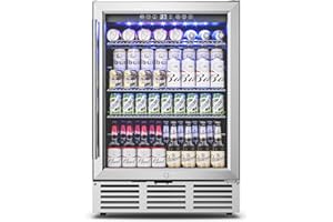 Feelfunn 24 inch Beverage Refrigerator - 180 Cans Under Counter Beverage Fridge with Glass Door & Safety Lock for Beer Wine Soda, Built-in or Freestanding Drink Fridge for Home Office Kitchen or Bar