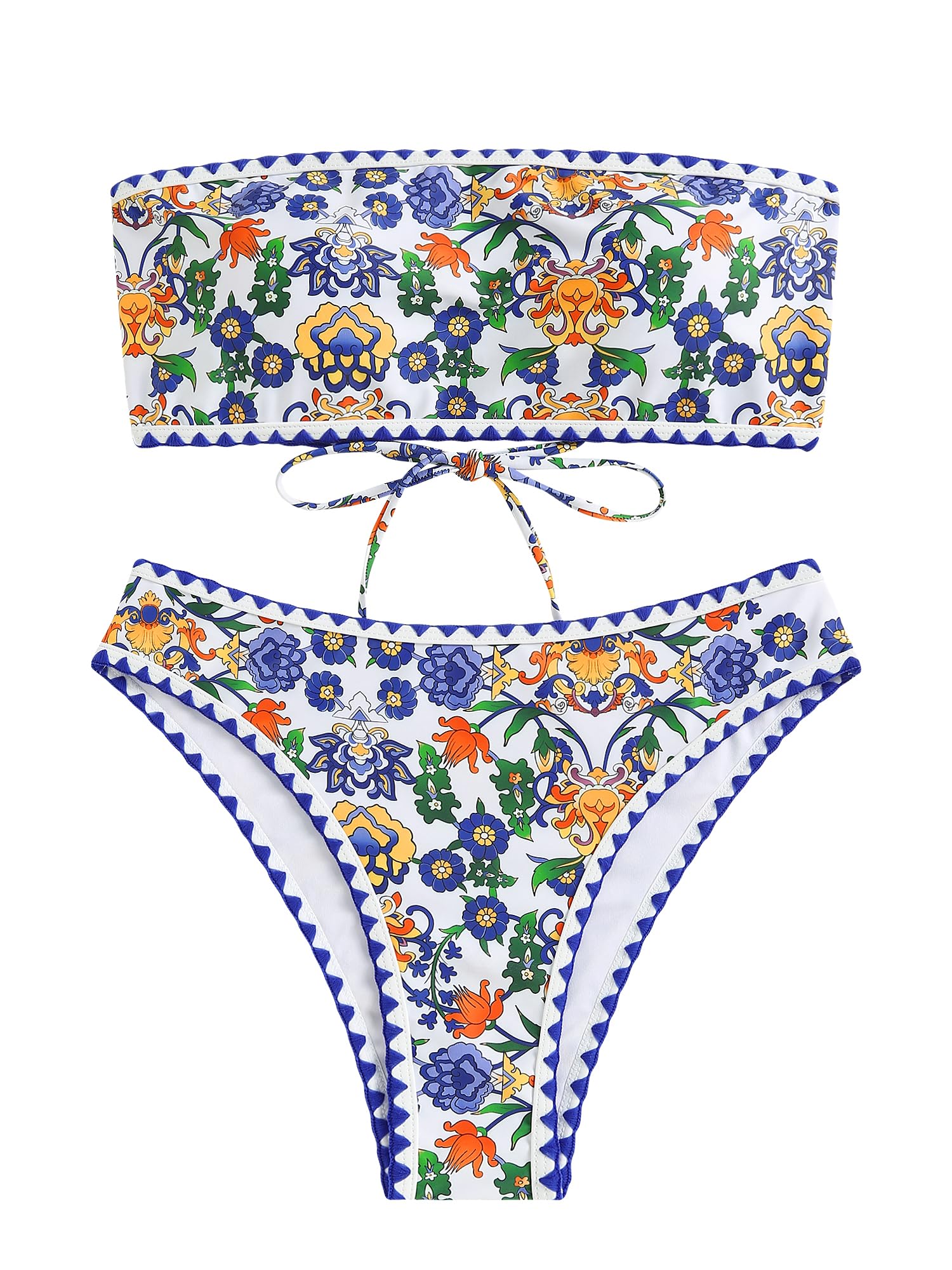 ZAFUL Women Strapless Textured Bandeau Bikini 2 Piece Swimwear Cheeky Solid Lace up Bathing Suits(7-Blue Yellow,M) - Image 3