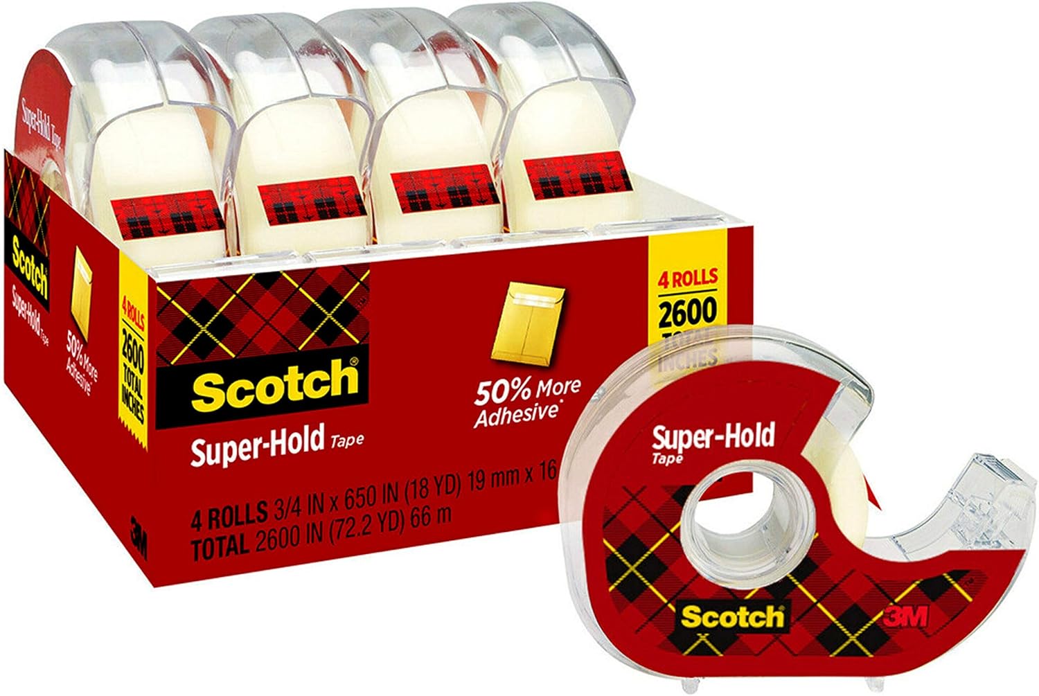 Scotch Super-Hold Tape, 4 Rolls, Transparent Finish, 50% More Adhesive, Trusted Favorite, 3./4 x 650 Inches, Dispensered (4198) : Office Products