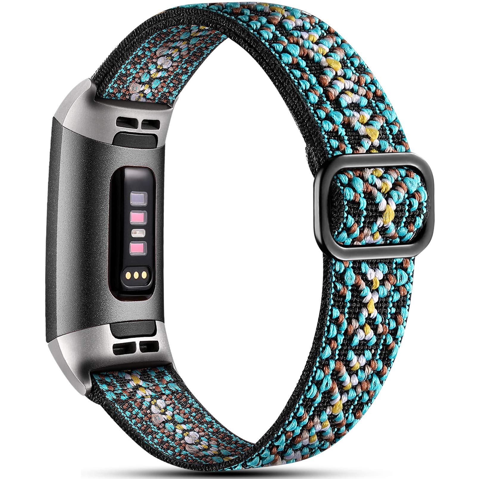 Dirrelo Stretchy Strap Compatible with Fitbit Charge 3/4, Soft Adjustable Elastic Replacement with Stylish Pattern, Nylon Woven Sport Wristband for Women Men, Aztec Blue