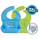 Waterproof Silicone Bibs – New Reinforced Buttonholes Keep Bib on Toddler – Stay Open Food Pocket Catches All Spills – Reduce Cleaning and Laundry – Bonus Spoon or Bandana – Set of 2 (Blue & Green)