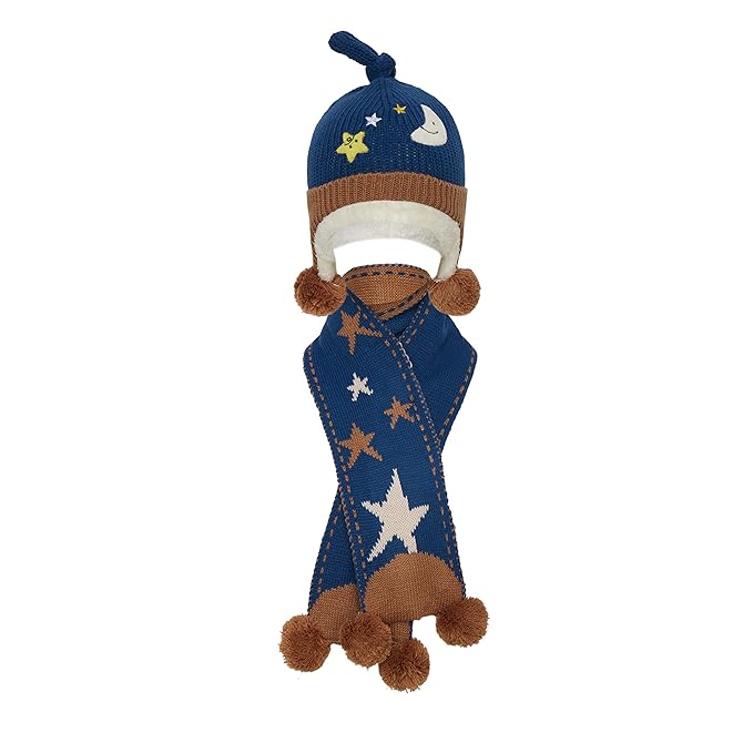 Herrmannz Baby Wintermütze und Schal Set – weich warm schützend – für Kinder von 9-36 Monate - süßes Sterne Mond Motiv - gest