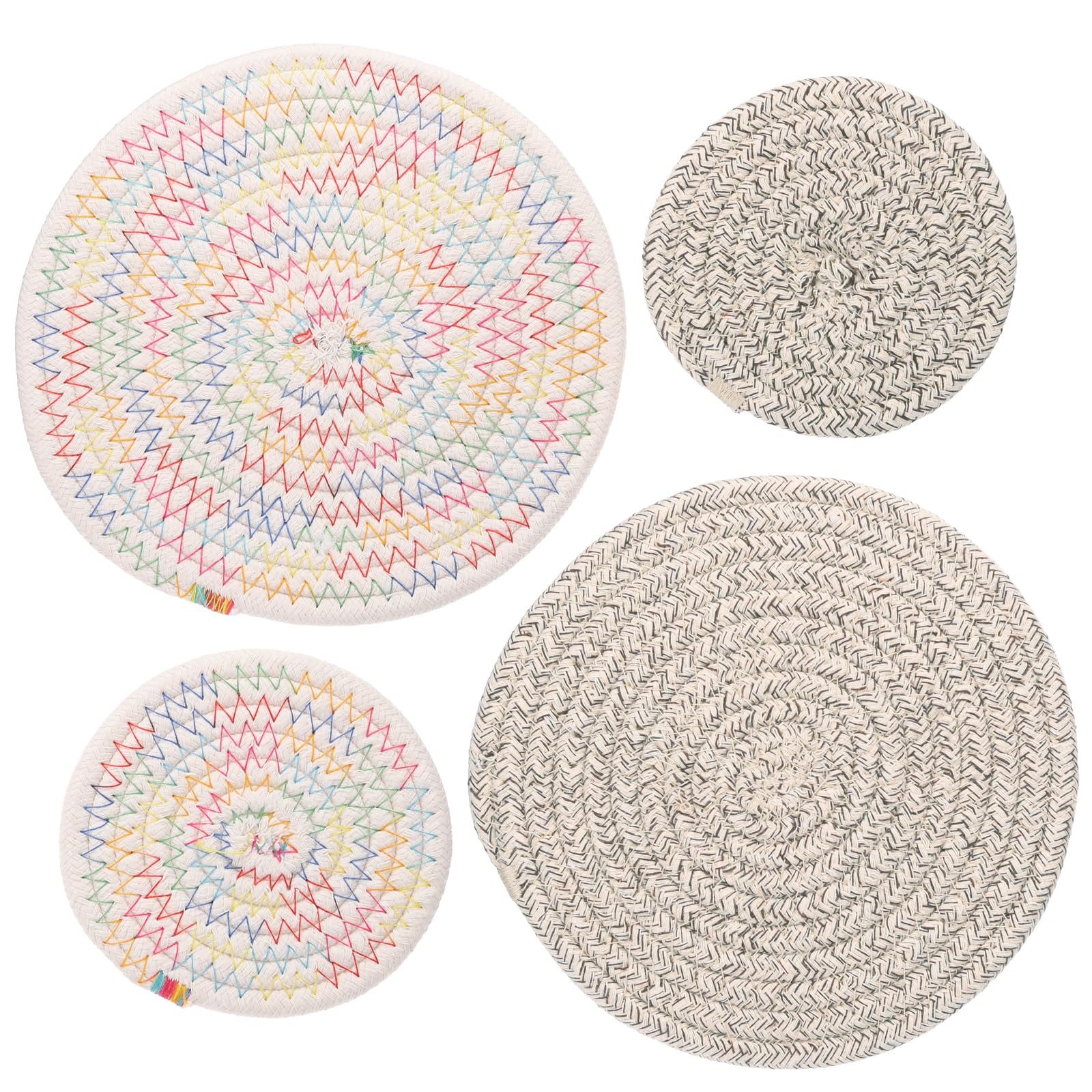 PATIKIL Plant Coasters 4 Inch 7 Inch, 4 Pcs Woven Plant Mat Round Pads Set for House Indoor Outdoor Gardening Pot Kitchen Table, White & Color & Linen Color