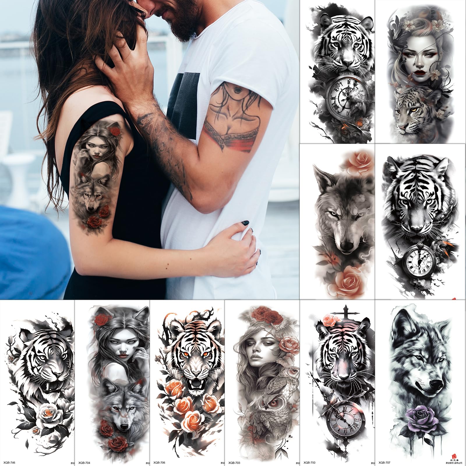 Aivoch Aivoch 10 Sheets Realistic Animals Temporary Tattoo for Men Women Adults, Wolf Tiger Rose Tattoos Stickers, Flowers Fake Tattoo Stickers, Body Art Half Arm Sleeve Tattoos