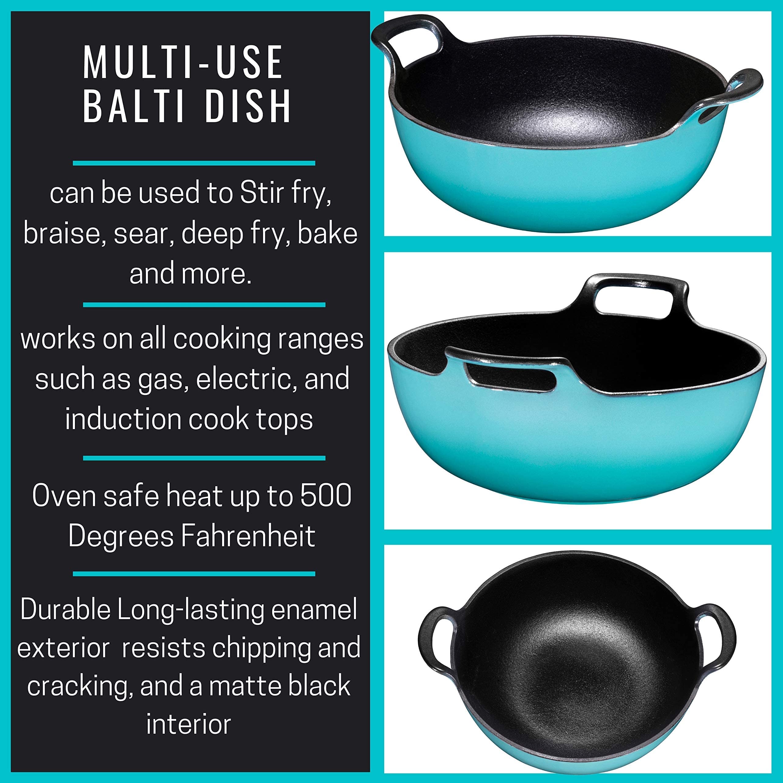 Bruntmor 3 Qt Enamel Cast Iron Balti Dish - Nonstick Handi for Curries, Asian Wok, Dutch Oven for Casseroles, Stovetop Stir Fry Pan