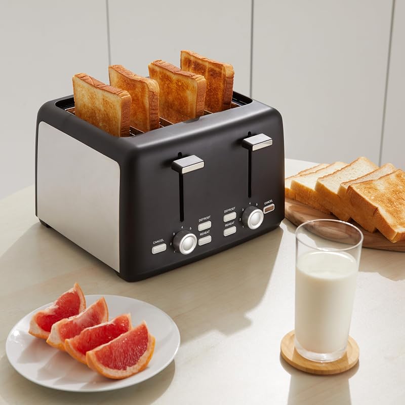 4-Scheiben Toaster mit 7 Bräunungsstufen, Extra Breite Schlitze, Brötchenaufsatz, Herausnehmbare Krümelschublade, 1500W, Schwarz