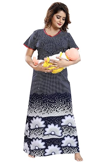 Women's Cotton Feeding/Maternity Nighty (LTC0062, Blue, Large)