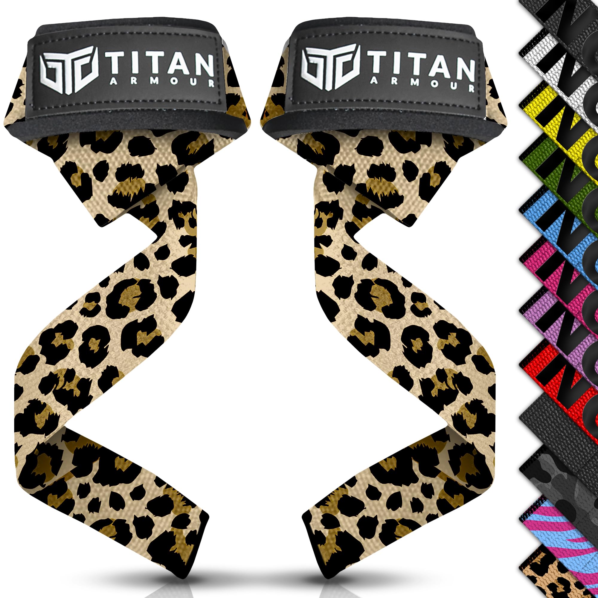 Titan Armour® Weight Lifting Straps | Extra-Long Neoprene Padded Heavy-Duty Weightlifting Straps | Deadlifts | Anti-Slip Gel Option | Gym Accessories Men & Women (Leopard (No Gel))