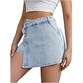 Floerns Women's Button Front High Waisted Denim Skort Casual Asymmetrical Jean Shorts