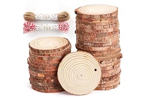ILAUKE 50Pcs Wood Slices 2.4"-2.8" Unfinished Wood Rounds with Pre-drilled Hole and 66Feet Twine String, Natural Wood for Crafts for Home Decor Painting DIY Christmas Ornaments Party Wedding Decor