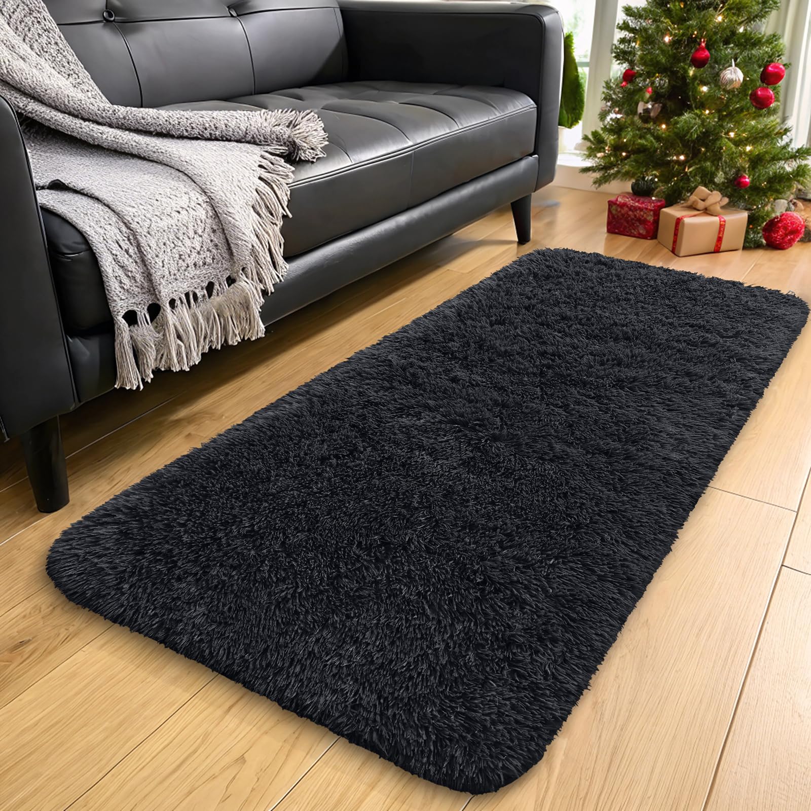 Photo 1 of OLANLY 2x4 Machine Washable Runner Rugs for Hallway, Soft Fluffy Shaggy Bedside Rugs for Bedroom, Living Room, Indoor Floor Carpet for Kids Girls and Boys, Nursery Rooms, Home Decor Aesthetic, Black
