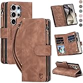 CAESBON for Samsung Galaxy S24-Ultra-Wallet Case: with RFID Blocking Card Slots (6 Cards) | Soft PU Leather Magnetic Snap Zipper Pocket | Crossbody Wrist Strap Protective Phone Cover - Brown