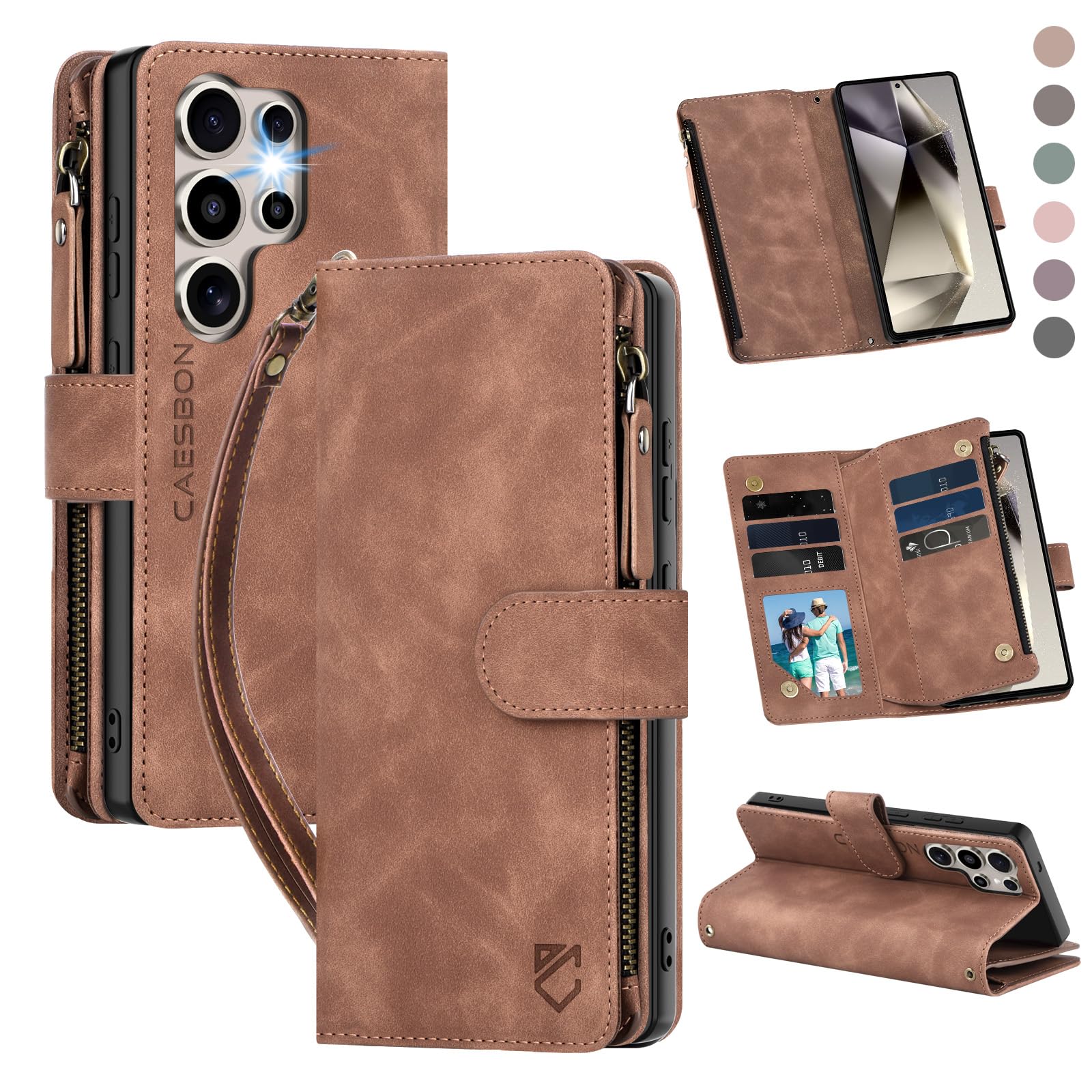 CAESBON for Samsung Galaxy S24-Ultra-Wallet Case: with RFID Blocking Card Slots (6 Cards) | Soft PU Leather Magnetic Snap Zipper Pocket | Crossbody Wrist Strap Protective Phone Cover - Brown