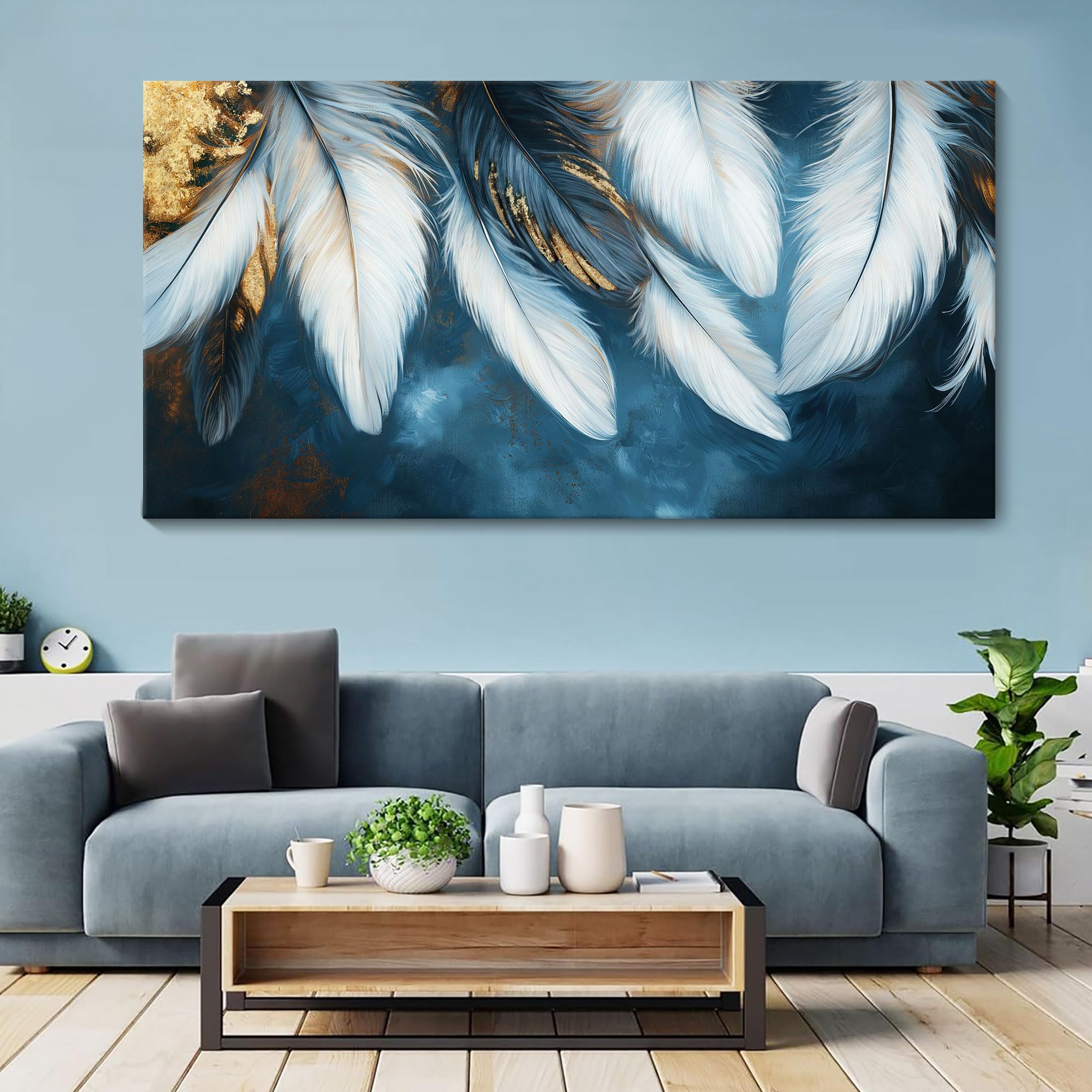 Photo 1 of Mofutinpo Blue and Gold Wall Art Navy Blue Decor for Living Room Feather Canvas Art Wall Decor, Blue Bedroom Wall Decor Above Bed Pictures Wall Painting - Artwork for Walls 24×48IN