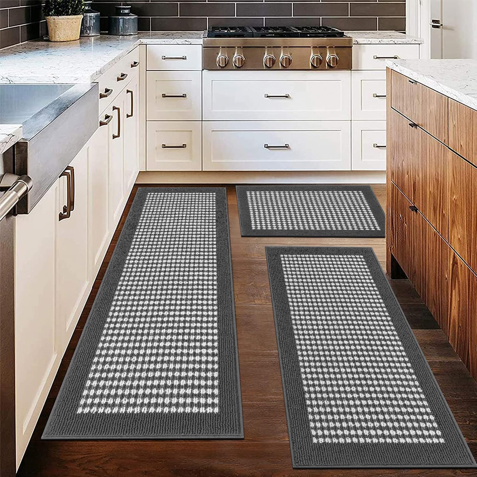 Ileading Kitchen Mat Sets 3 Piece Minimalist 3D Lattice Kitchen Floor Rugs with Non Slip Rubber Backing Machine Washable Farmhouse Runner Rugs for Laundry Hallway Doormat(Dark Gray)