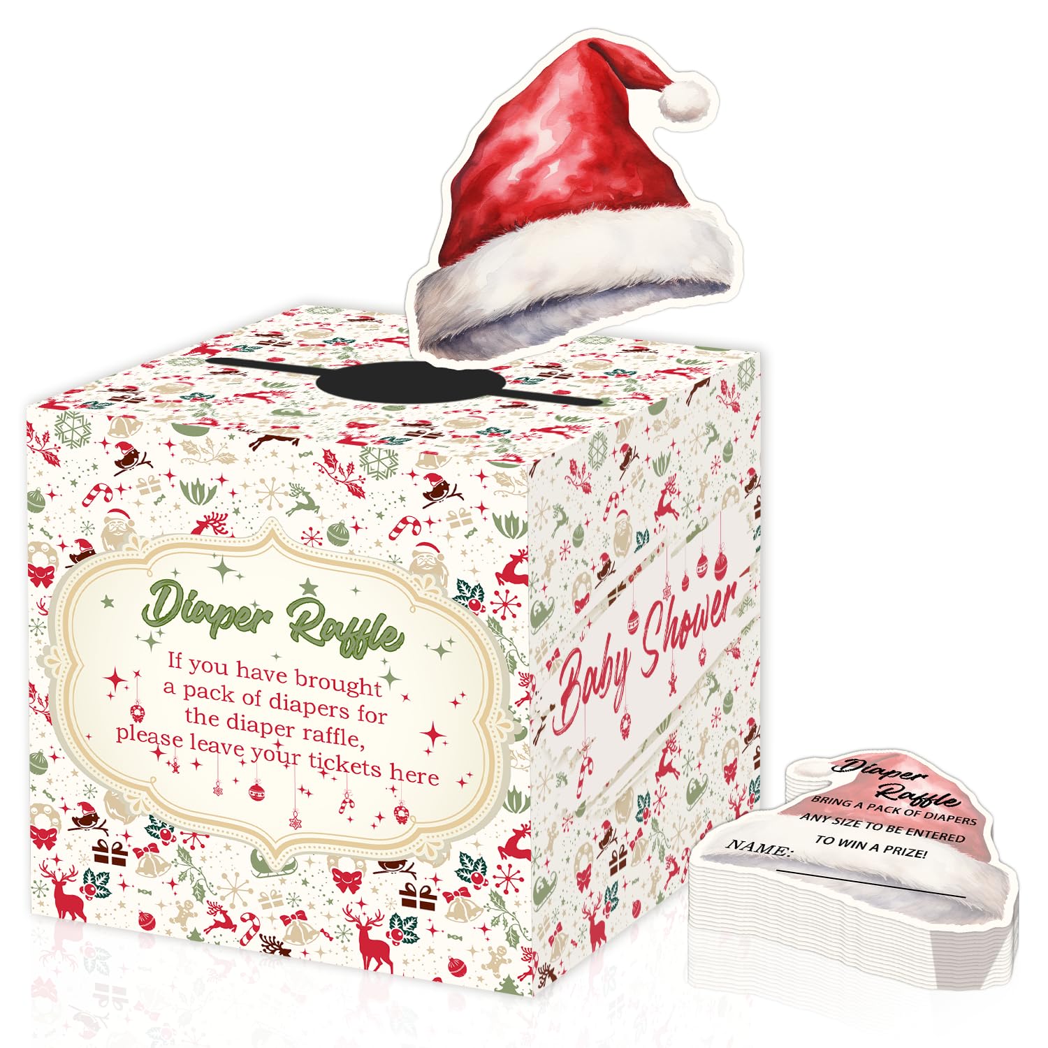 Photo 1 of Santa Hat Diaper Raffle Box for Christmas Baby Shower - Red Themed Party Games, Decorations with 50 Cards, Christmas Themed Diaper Raffle Box