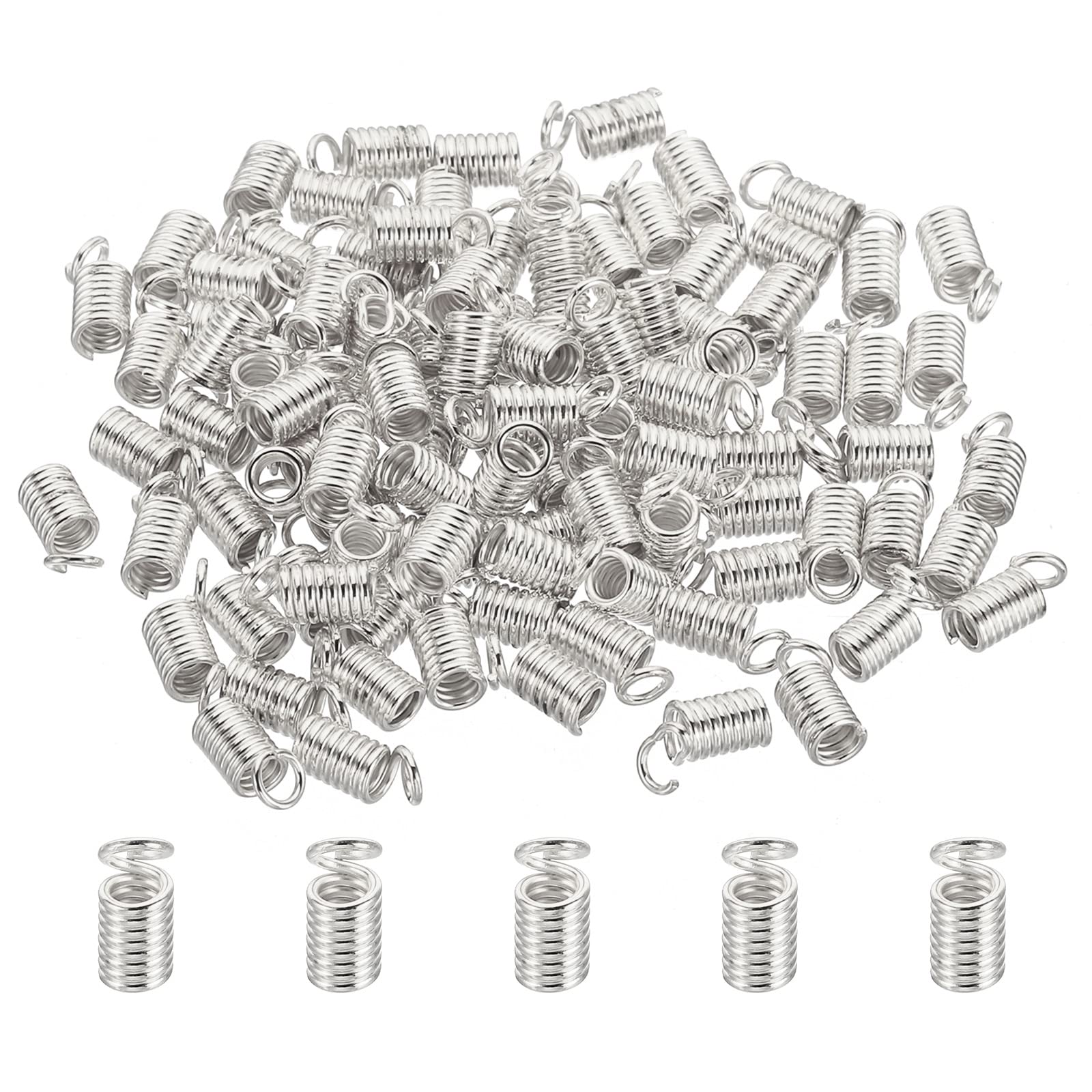 PATIKIL Cord End Caps, 100Pcs 4x9mm Metal Spring Coil End Tips Crimp Terminators Caps for Jewelry Making Bracelets Necklace DIY Crafting, Silver White