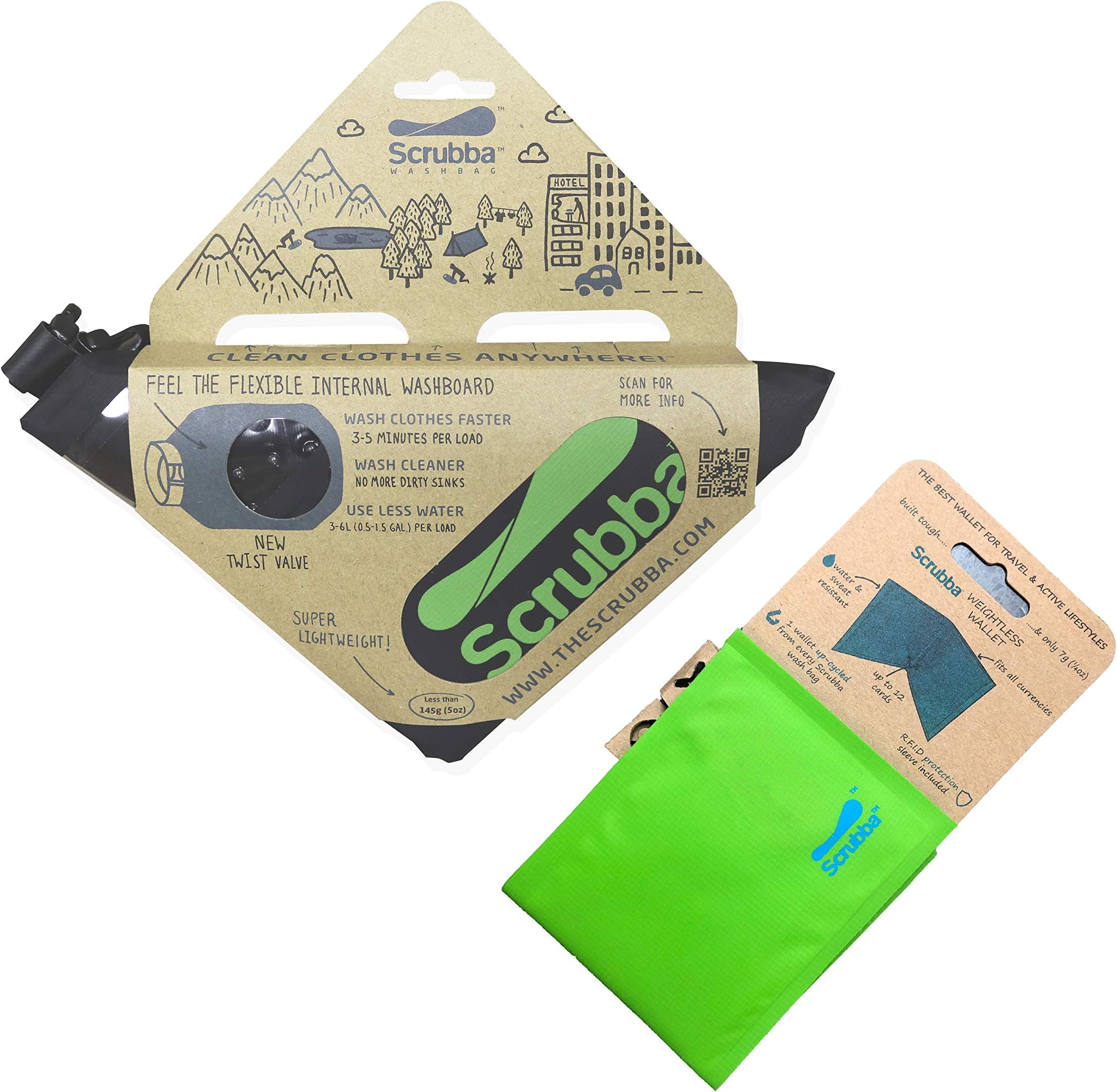 Scrubba Portable Wash Bag (Black) Bundle with a Weightless Wallet (Green)