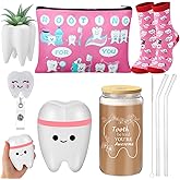 Pickmesh 6 Pcs Dental Gifts Dentist Assistant Hygienist Gifts 16 oz Glass Cups with Lid Makeup Bag Socks Badge Holder Tooth Brush Pot for Women Coworkers Doctor Nurse Christmas Accessories(Pink)