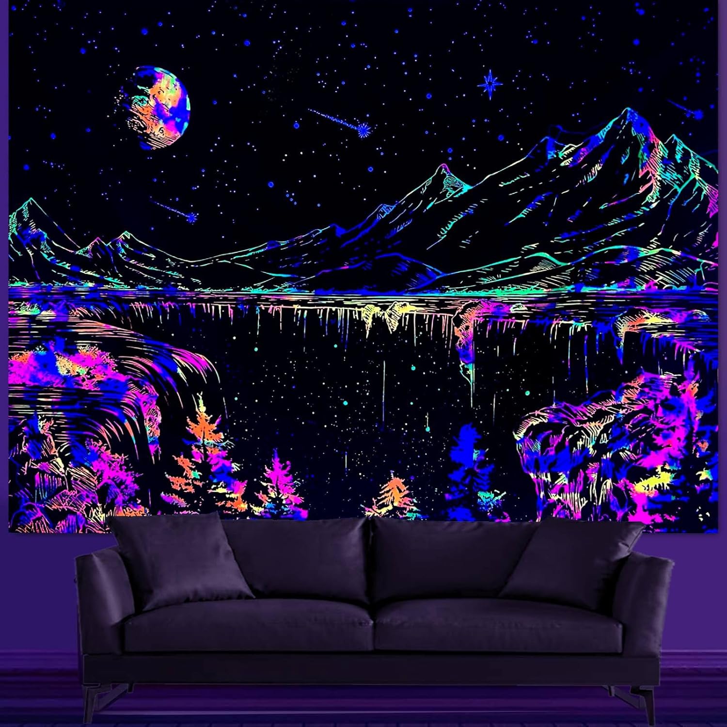 Tapestries - Apdidl Blacklight Mountains Tapestry for Bedroom Aesthetic Space Moon and Stars Starry Night Wall Tapastries Nature Forest Black and White Landscape Backdrop for Living Room Ceiling Decor(51
