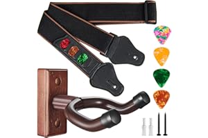 KKG Guitar Wall Mount 1pack Wood Hanger,and Guitar Strap 1pack with Guitar Pick and Strap Button Accessories for Safe Storage and Display for Acoustic Electric Guitar Bass Banjo Mandolin