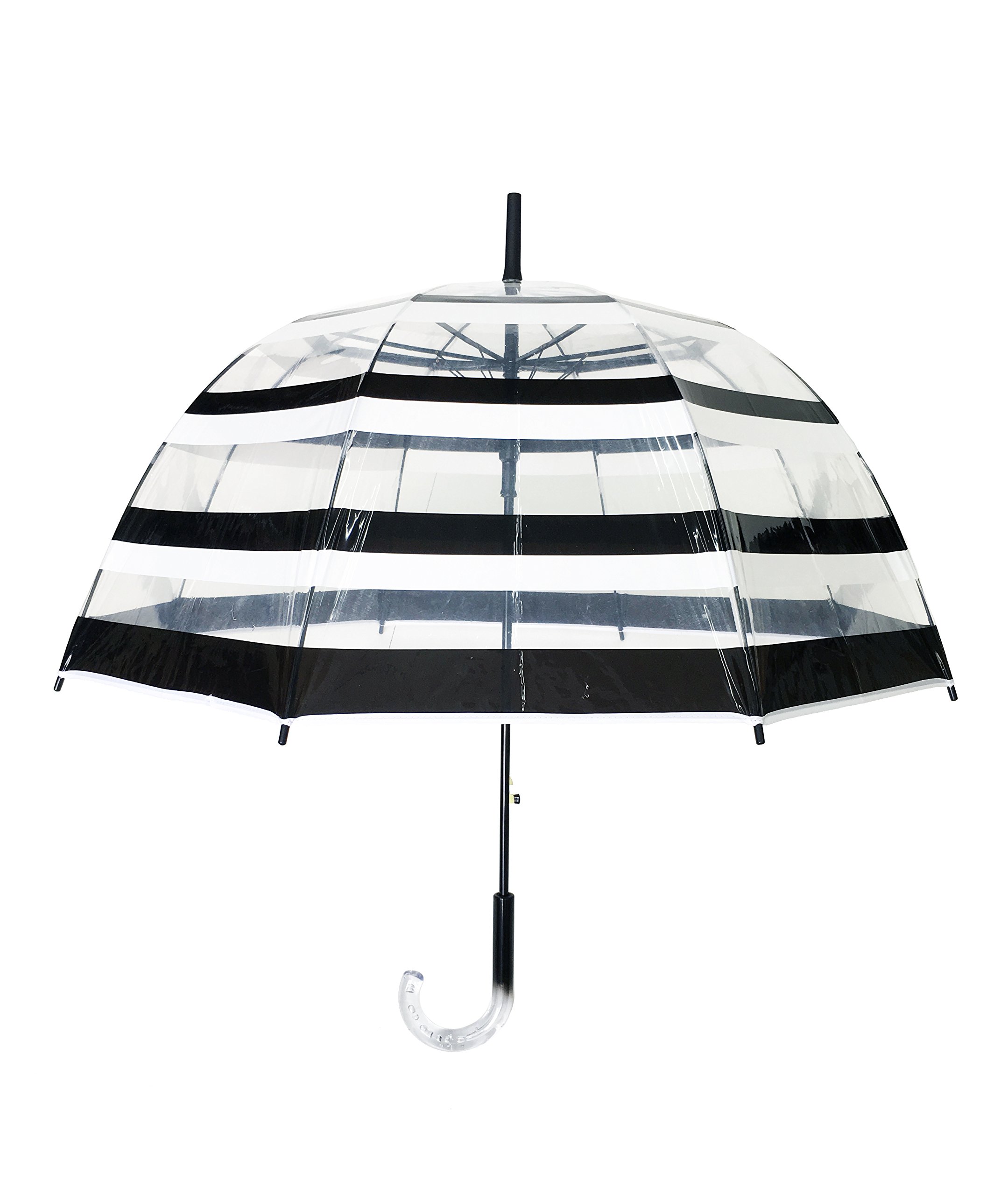 SMATI - Lady’s Clear Birdcage Umbrella with Contemporary Black and White Stripes, Transparent, Windproof, Auto open, Crystal Handle